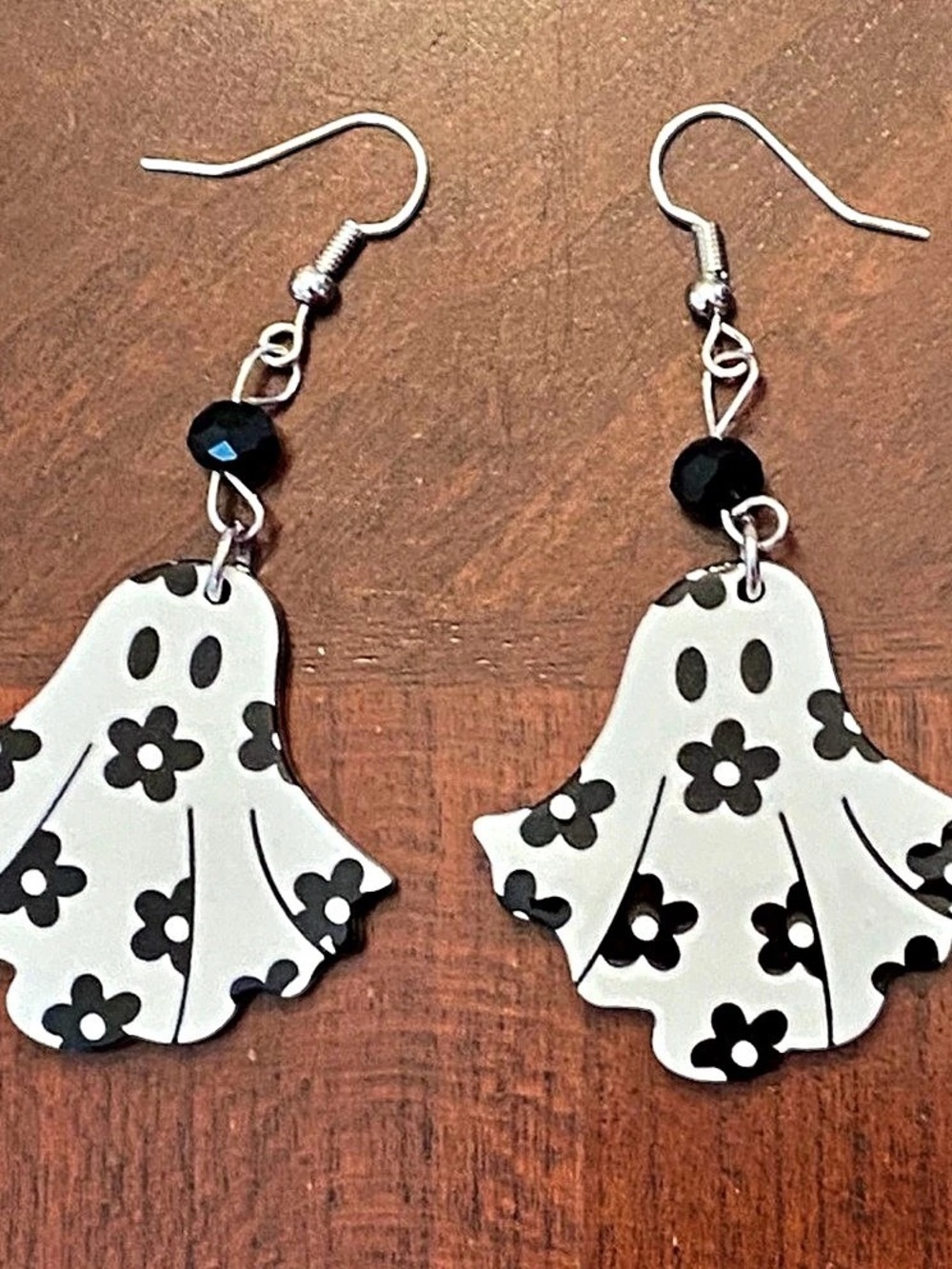 Floral Ghost Beaded Dangle Earrings in White & Black